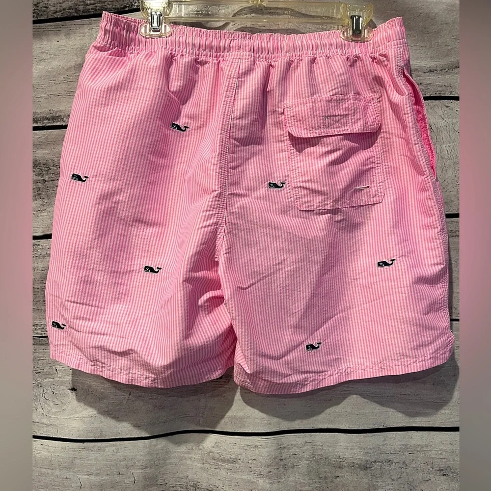 Vineyard Vines Pink Striped Swim Trunks Seersucker Whale Logo Pockets Drawstring